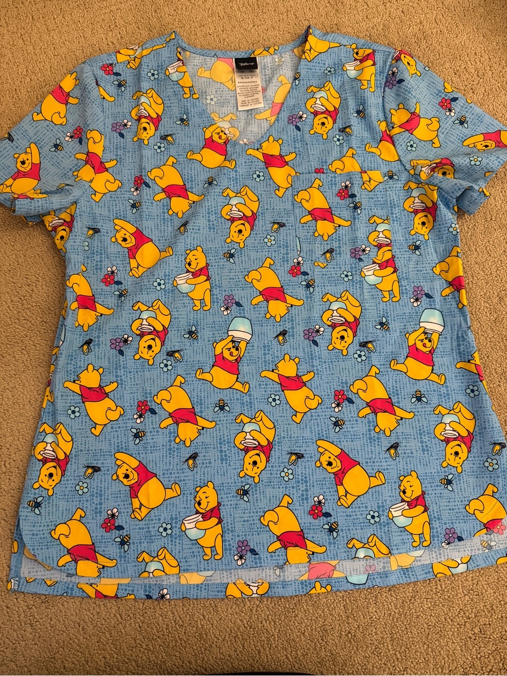 Disney Winnie the Pooh Blue and Yellow Cartoon Scrub Top